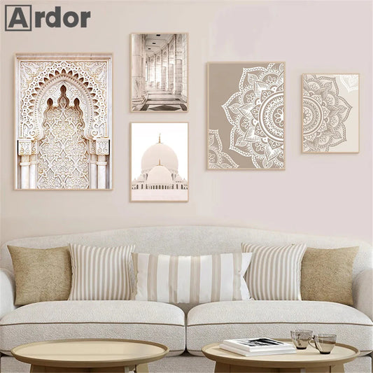 Beige Bohemian Modern Islamic Print Mandala Floral Poster Mosque Morocco Door Canvas Painting Yoga Wall Art Pictures Home Decor